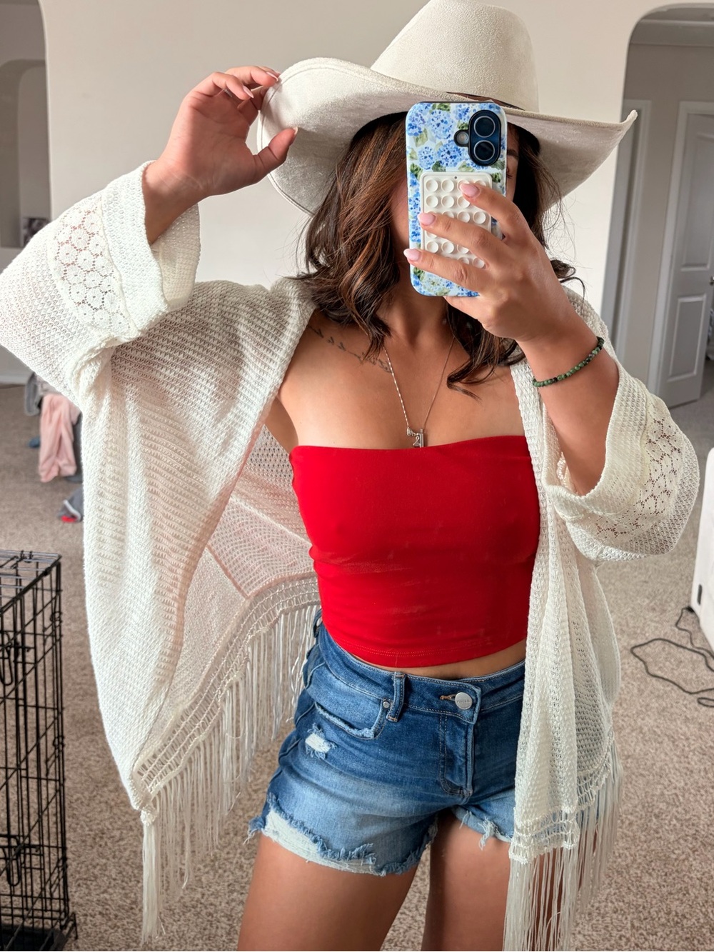 Cream Crochet Knit Fringe Cardigan